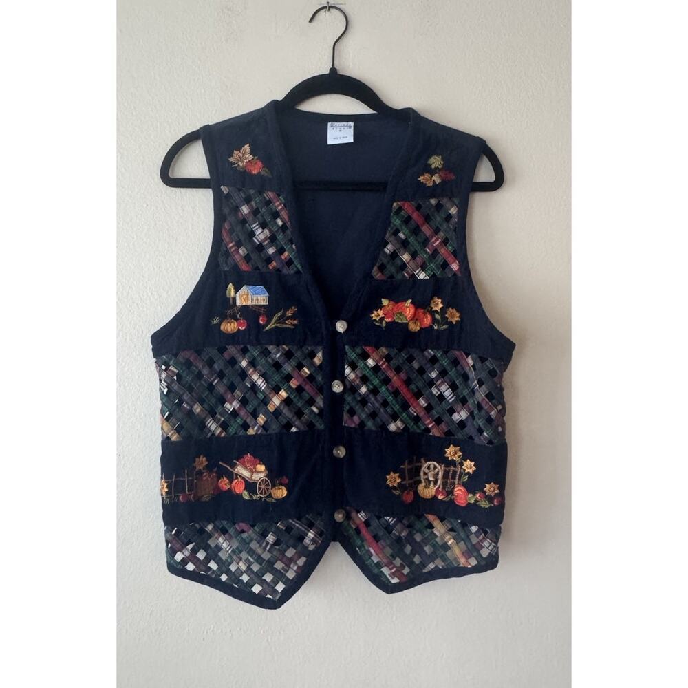 CASCADE BLUES Corduroy Vest Womens‎ Medium Woven Lattice Harvest Embroidered